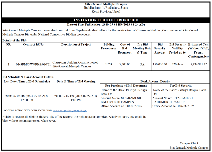 Invitation For Electronic Bid
