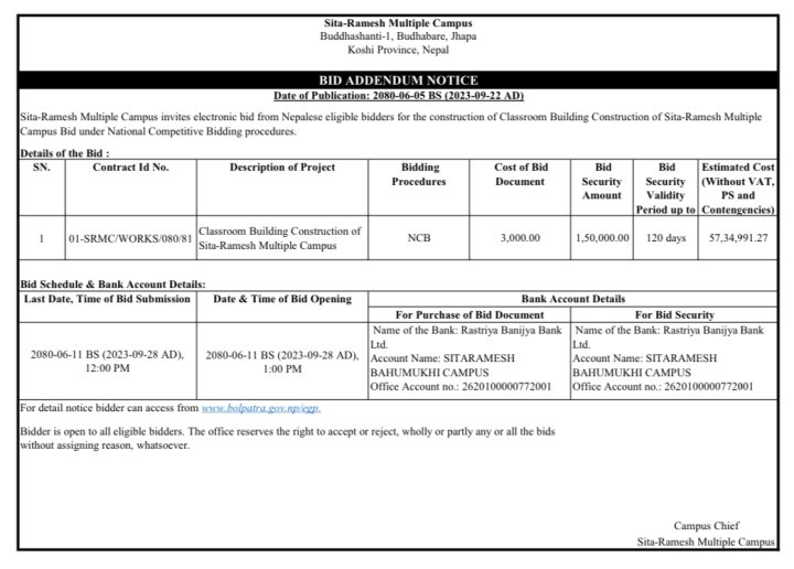 Revised notice for Electronic Bid