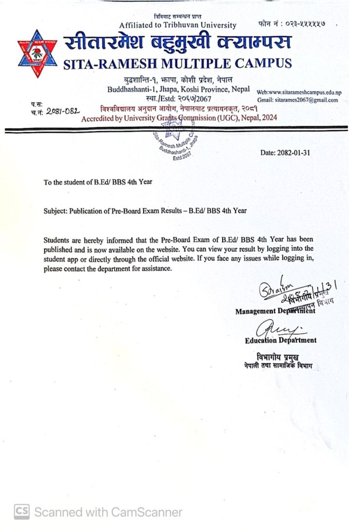 Online Publication of Pre-Board exam result B.Ed. / BBS 4th Year