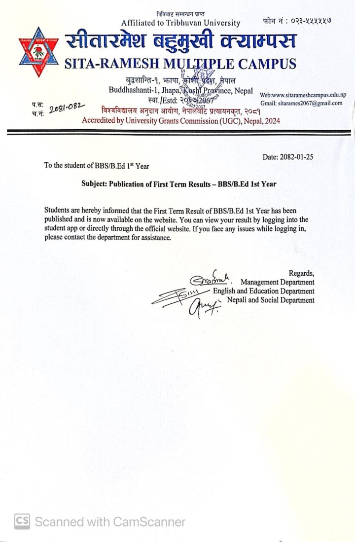Online Publication of First term exam result for BBS & B.Ed. 1st Year