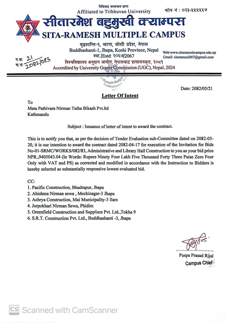 Letter of Intent (For Bid 01-SRMC/WORKS/082/83)